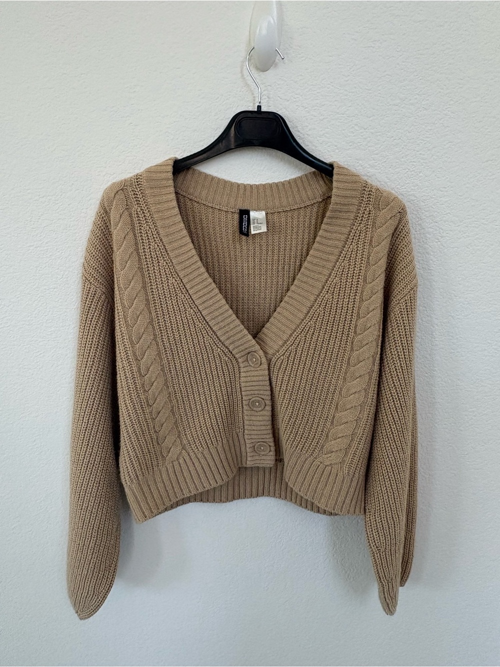 Divided Tan Cropped Cable Knit Cardigan